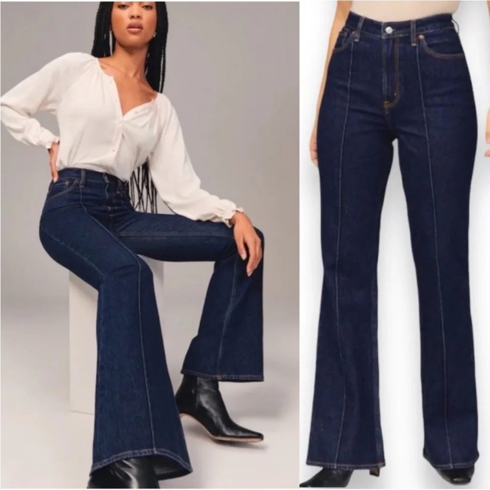 Abercrombie & Fitch Dark Blue High-Rise Flare Jeans - Picture 2 of 7